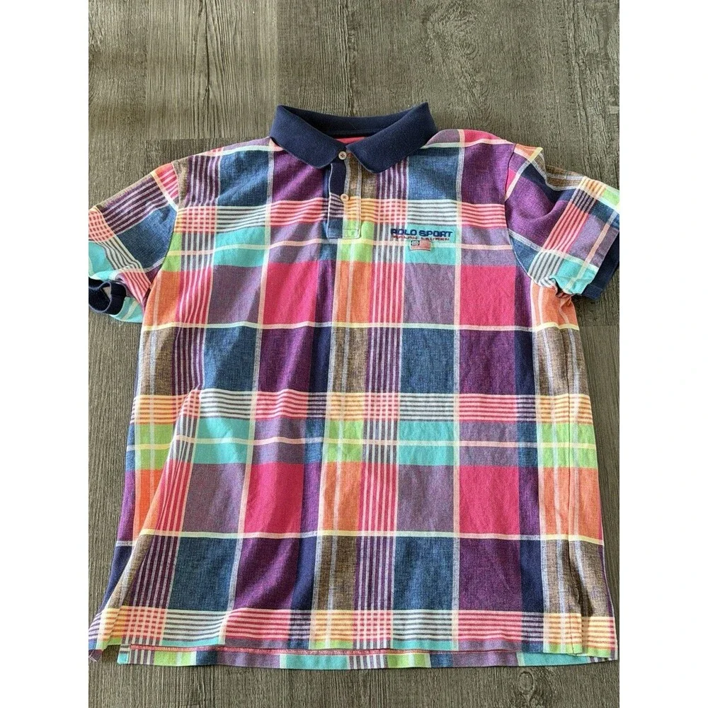 Polo Sport Ralph Lauren Men XL Plaid Polo Shirt Multicolor Custom Slim Fit USA